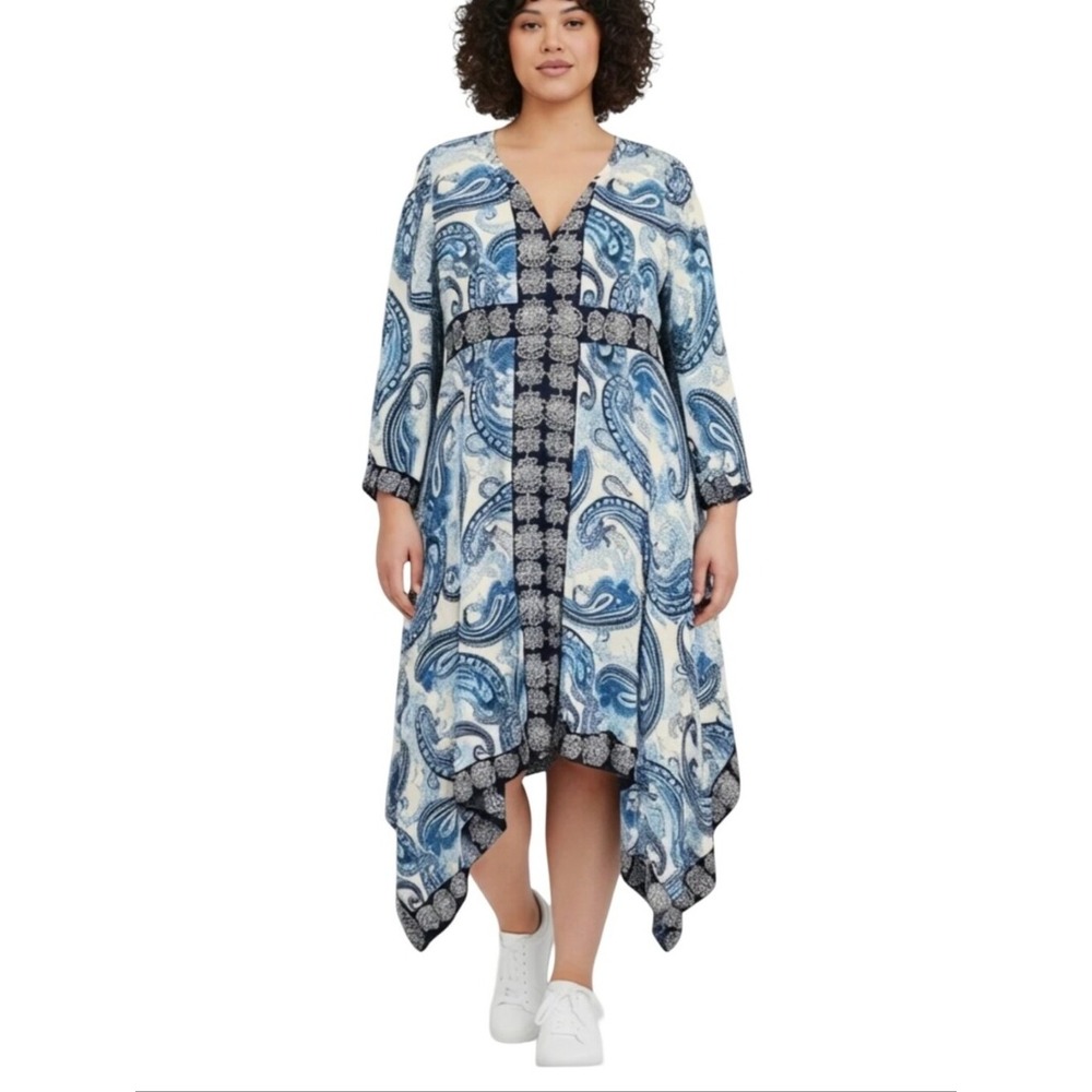 Roamans Blue Paisley Floral Sharkbite Midi Dress Plus Sz 22W Long Sleeve V-Neck